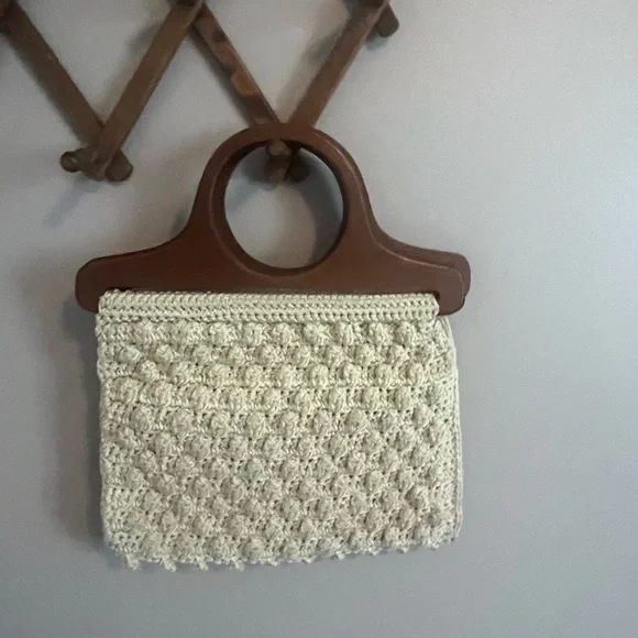 Vintage Macrame Lined Cable Knit Purse Boho Wood Handle Oatmeal Lined Homemade - Picture 2 of 3
